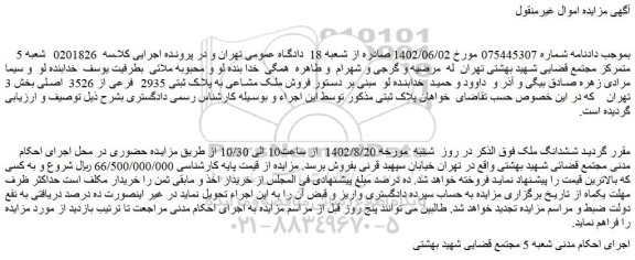 مزایده فروش ششدانگ ملک  