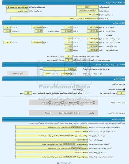 مزایده ، تجدید مزایده اراضی شهرداری سیرجان -مزایده زمین  - استان کرمان