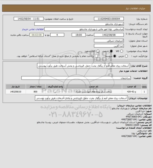 استعلام آسفالت ریزی معابر  اعم از ریگلاژ، پخت، حمل، قیرپاشی و پخش آسفالت طبق برآورد پیوستی