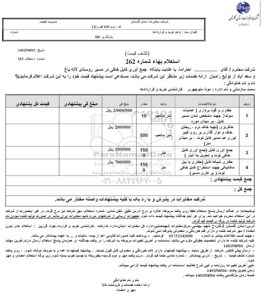 استعلام جمع آوری کابل خاکی در مسیر روستای لاله باغ و سعدآباد