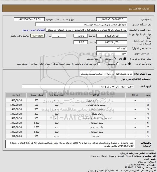 استعلام خرید نوشت افزار مورد نیاز بر اساس لیست پیوست