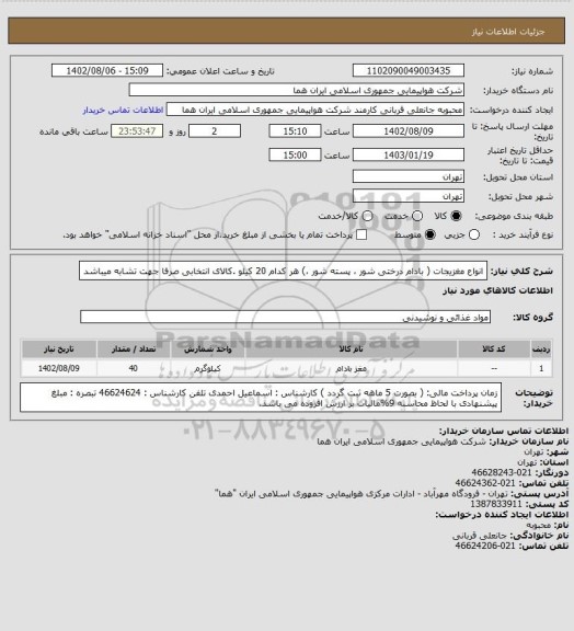 استعلام انواع مغزیجات ( بادام درختی شور ، پسته شور ،) هر کدام 20 کیلو .کالای انتخابی صرفا جهت تشابه میباشد