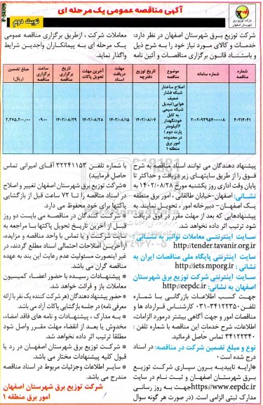 مناقصه اصلاح ساختار شبکه فشار ضعیف هوایی ( تبدیل شبکه سیمی به کابل خودنگهدار ​​​​​​​نوبت دوم 