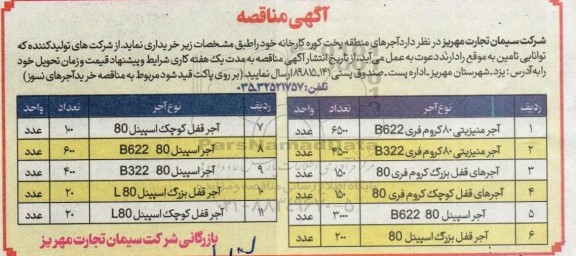 مناقصه خرید  آجرهای منطقه پخت کوره کارخانه