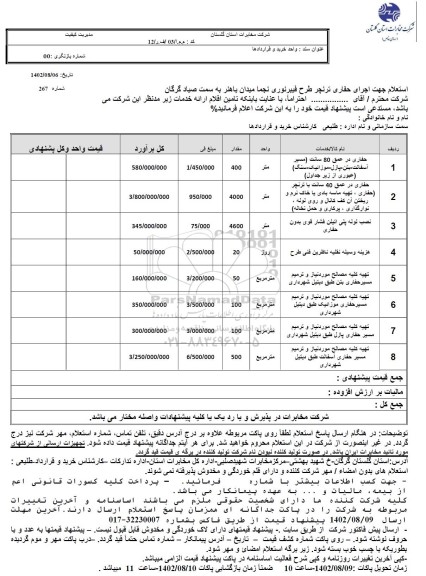 استعلام جهت اجرای حفاری ترنچر طرح فیبر نوری نجما میدان باهنر