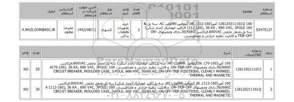 استعلام، 126120211161Q 160 آمپر(160-112)، 36 کیلوآمپر،690ولت AC، سه پل & 160 A (112-160), 36 KA , 690 VAC, 3POLE;کلید اتوماتیک (مدار شکن) سه پل،تحمل عایقی 600VAC،فرکانس 50/60HZ،دارای وضعیتهای ON-TRIP-OFF،و قابلیت تنظیم حرارتی و مغناطیسی،