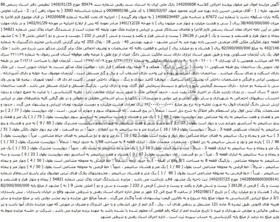 آگهی مزایده ششدانگ اعیان پلاک ثبتی شماره 54821 ( پنجاه و چهار هزار و هشتصد و بیست و یک ) فرعی از 26126