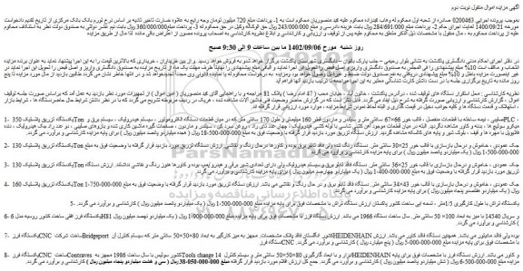 مزایده فروش یکدستگاه تزریق پلاستیک 350 Ton صلیبی و...