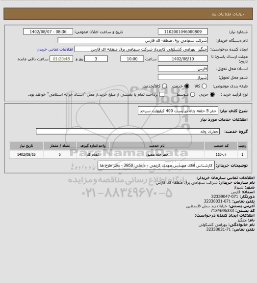 استعلام حفر 5 حلقه چاه در پست 400 کیلوولت سرحد