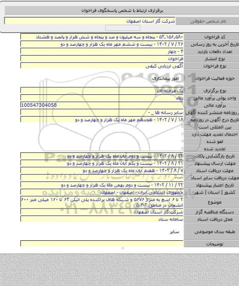 مناقصه, ۲ تا ۶ اینچ به متراژ ۵۶۷۶ و شبکه های پراکنده پلی اتیلن ۶۳ تا ۱۶۰ میلی متر ۶۰۰ انشعاب در مناطق ۲-۴-۵