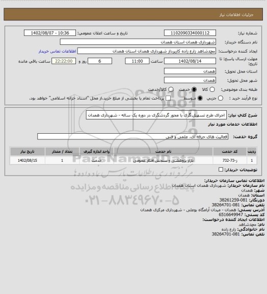 استعلام اجرای طرح تسهیل گری با محور گردشگری در دوره یک ساله - شهرداری همدان