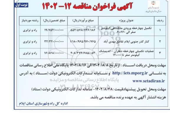 مناقصه تکمیل چهارخطه ورودی ملکشاهی کیلومتر ....