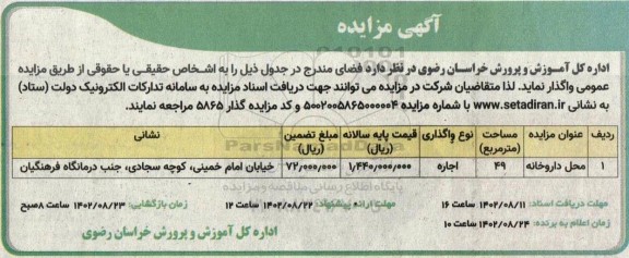 آگهی مزایده محل داروخانه