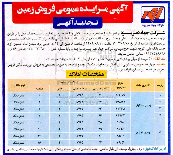 تجدید مزایده فروش 4 قطعه زمین مسکونی و4 قطعه زمین تجاری
