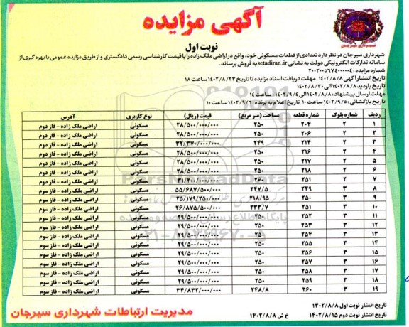 مزایده فروش تعدادی از قطعات مسکونی 