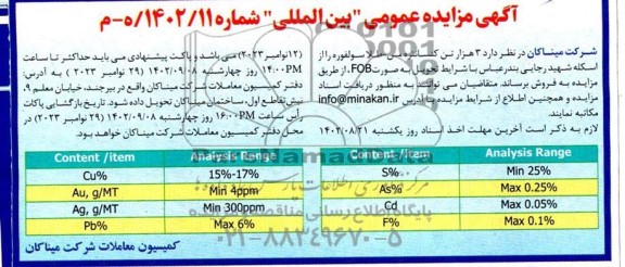 مزایده و مناقصه فروش 3 هزار تن کنسانتره مس- طلا سولفوره