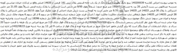 آگهی مزایده پنچ دانگ وهیجده صدم دانگ از یک باب خانه قدیمی پلاک ثبتی 161 فرعی از 14635 اصلی
