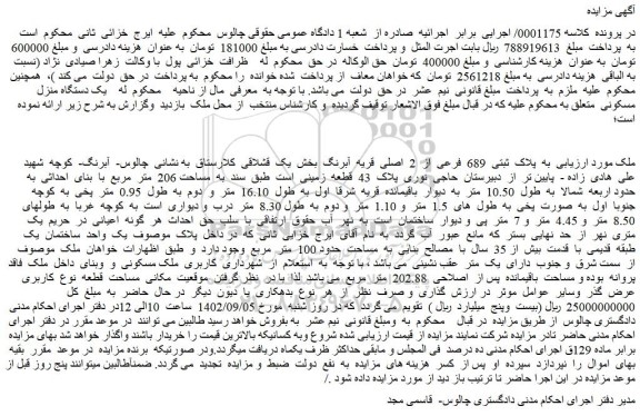 مزایده فروش ملک به پلاک ثبتی 689 فرعی از 2 اصلی