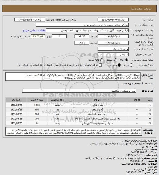 استعلام پنبه100گرمی ت1000بسته.گازساده استانداردبااحستاب نیم کیلو800عدد.چسب اتوکلاو5سانت200عدد.چسب لکوپلاست5سانت900عدد.هرکارتون آبسلانگ200عددی6کارتون مجموع1200
