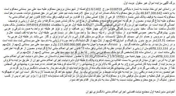 مزایده فروش پلاک ثبتی بشماره 15593 فرعی از 126 اصلی