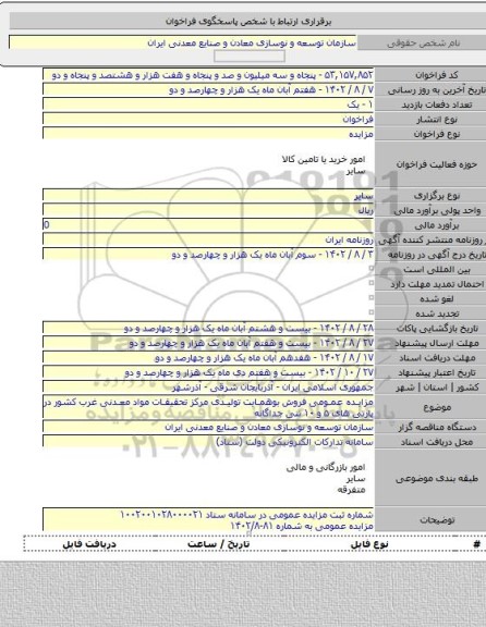 مزایده, مزایده عمومی فروش بوهمایت تولیدی مرکز تحقیقات مواد معدنی غرب کشور در پارتی های ۵ و ۱۰ تنی جداگانه