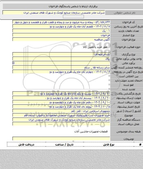 مناقصه, خرید تجهیزات ست هیدرولیک  شهرک صنعتی محمودآباد و قنوات استان قم