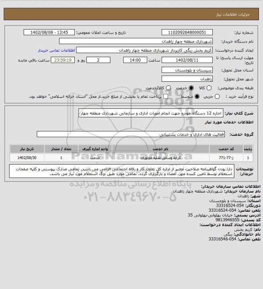استعلام اجاره 12 دستگاه خودرو جهت انجام امورات اداری و سازمانی شهرداری منطقه چهار