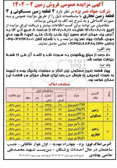 تجدید مزایده فروش 4 قطعه زمین مسکونی و4 قطعه زمین تجاری نوبت دوم 