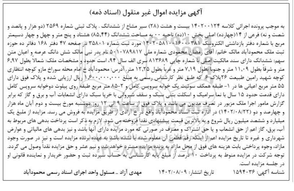 مزایده 28 سیر مشاع از ششدانگ پلاک ثبتی 2569 فرعی