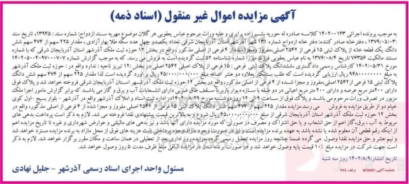 مزایده فروش پلاک ثبتی فرعی 15 از پلاک اصلی 2542