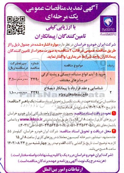 تمدید مناقصه خرید 5 آیتم انواع سنباده دیسکی و پشت کرکی در سایزهای مختلف ....
