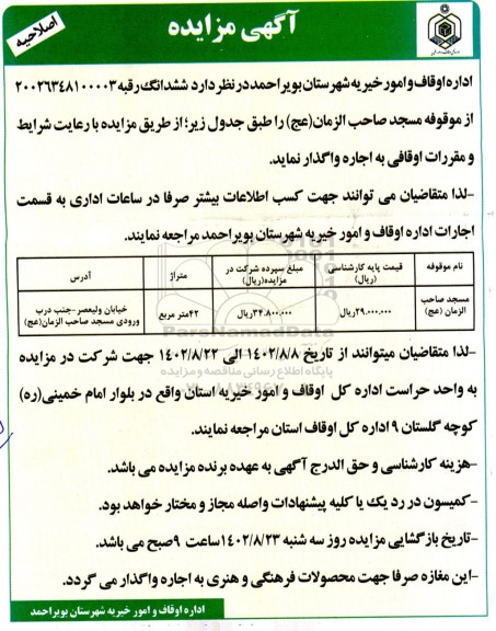 مزایده واگذاری رقبه ... اصلاحیه 