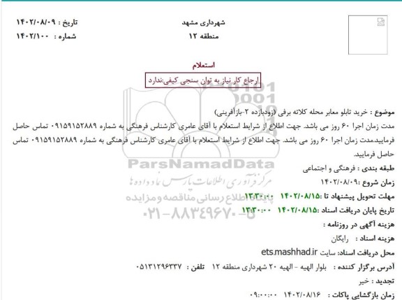 استعلام خرید تابلو معابر محله