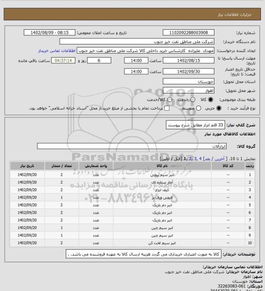 استعلام 33 قلم ابزار مطابق شرح پیوست