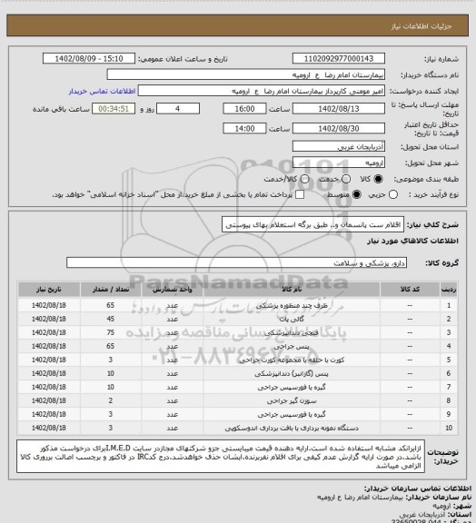 استعلام اقلام ست پانسمان و.. طبق برگه استعلام بهای پیوستی