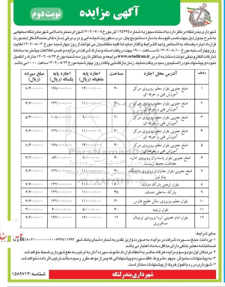 مزایده اجاره محل هایی جهت نصب کیوسک با سازه ساندویچ پنل، ...- نوبت دوم