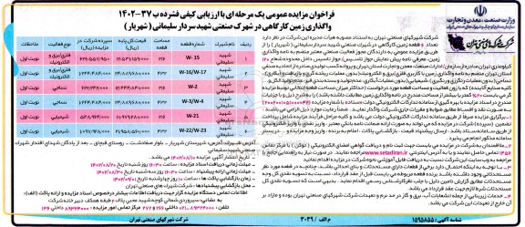 فراخوان مزایده واگذاری زمین کارگاهی در شهرک صنعتی
