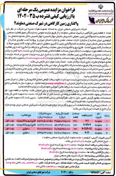 مزایده واگذاری 4 قطعه زمین کارگاهی در شهرک صنعتی دماوند 2