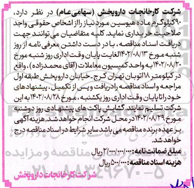مناقصه خرید 90 کیلوگرم ماده هیوسین