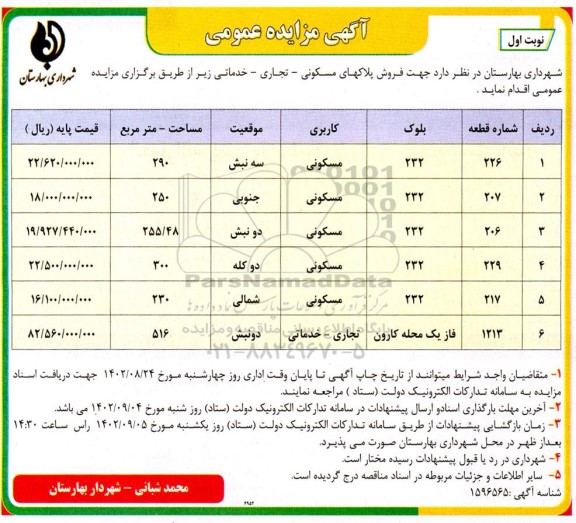 مزایده فروش پلاکهای مسکونی - تجاری- خدماتی