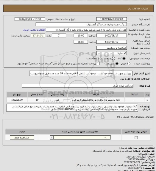 استعلام پوزیشنر جهت شیرهای خودکار،،،،، درخواست شامل 8 قلم به تعداد 69 عدد عدد طبق جدول پیوست