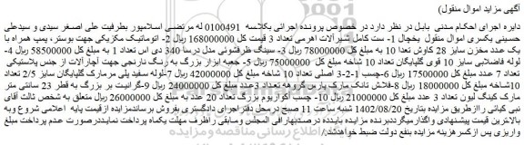 مزایده فروش یکسری اموال منقول یخچال 1- ست کامل شیرآلات اهرمی تعداد 3 و...