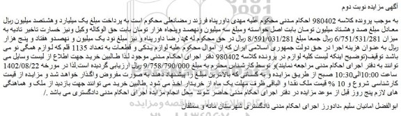 مزایده فروش لوازم یدکی و قطعات به تعداد 1135 قلم