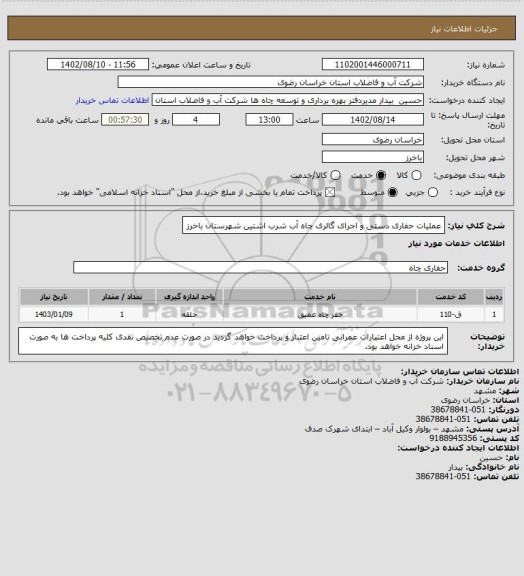 استعلام عملیات حفاری دستی و اجرای گالری چاه آب شرب اشتین شهرستان باخرز