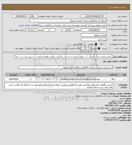 استعلام انجام عملیات  نصب انشعاب آب ،تعویض کنتور،جا به جایی،بالا آوردن کنتور و قطع انشعابات در شهرستان تربت جام