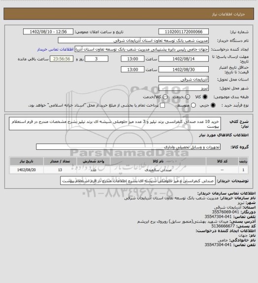 استعلام خرید 10 عدد صندلی کنفرانسی برند نیلپر و 3 عدد میز جلومبلی شیشه ای برند نیلپر بشرح مشخصات مندرج در فرم استعلام پیوست
