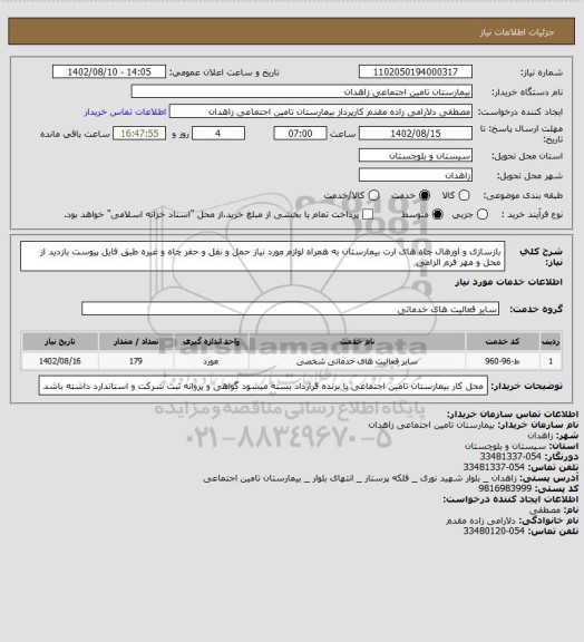 استعلام بازسازی و اورهال چاه های ارت بیمارستان به همراه لوازم مورد نیاز حمل و نقل و حفر چاه و غیره طبق فایل پیوست  بازدید از محل و مهر فرم  الزامی