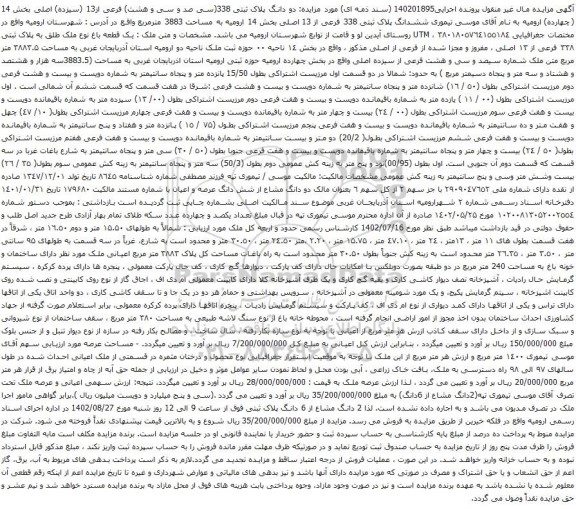 آگهی مزایده دو دانگ پلاک ثبتی 338(سی صد و سی و هشت) فرعی از13 (سیزده) اصلی بخش 14 