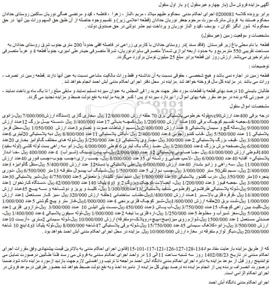 مزایده فروش قطعه با نام محلی باغ زیر قبرستان (فاقد سند )در روستای حدادان با کاربری زراعی و..