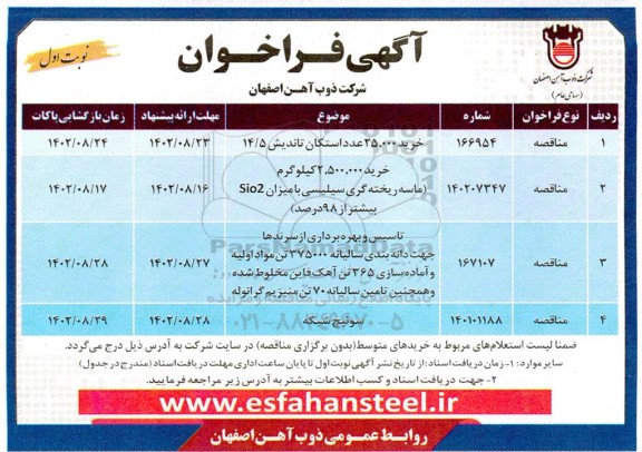 فراخوان خرید 25.000 عدد استکان تاندیش....